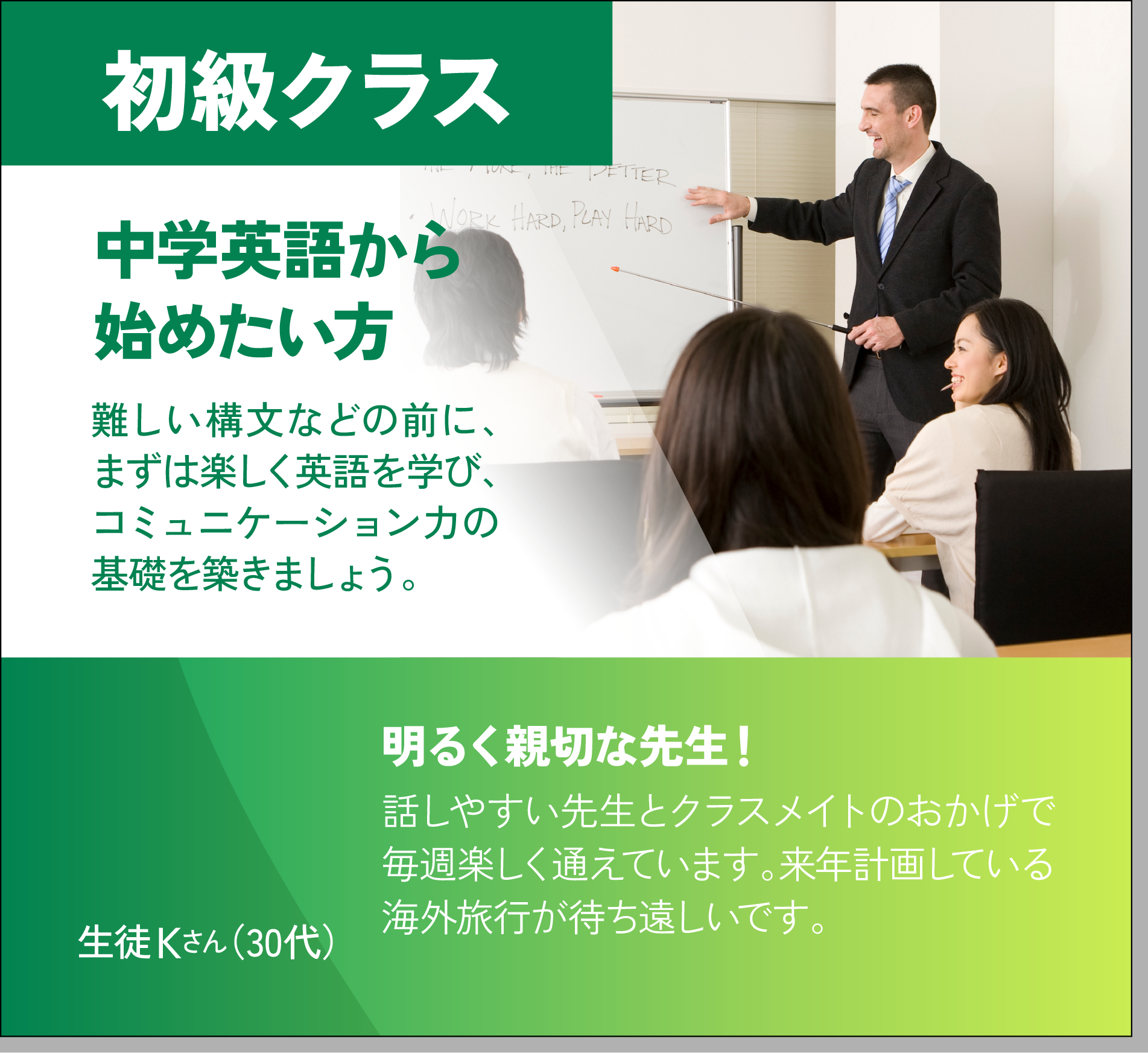 初級クラス：中学英語から始めたい方。難しい構文などの前に、まずは楽しく英語を学び、コミュニケーション力の基礎を築きましょう。